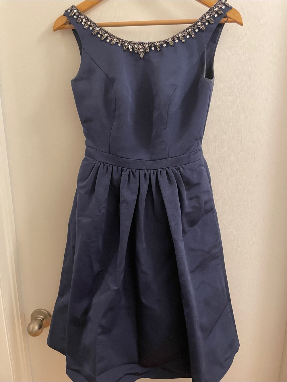 David's Bridal Navy Sleeveless Cocktail Dress with Beaded Neckline